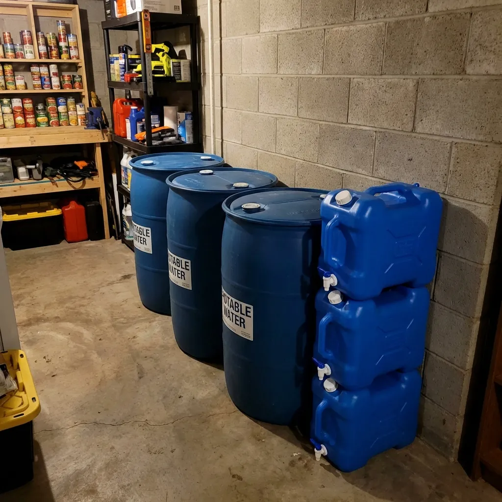 Large blue 55-gallon water storage barrels and stackable water containers in a garage.