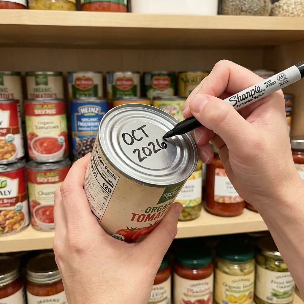 A hand labeling a can with an expiration date for FIFO rotation.