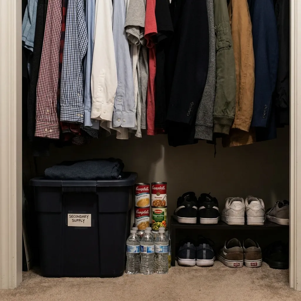 Emergency food and water rations discreetly stored in a bedroom closet.