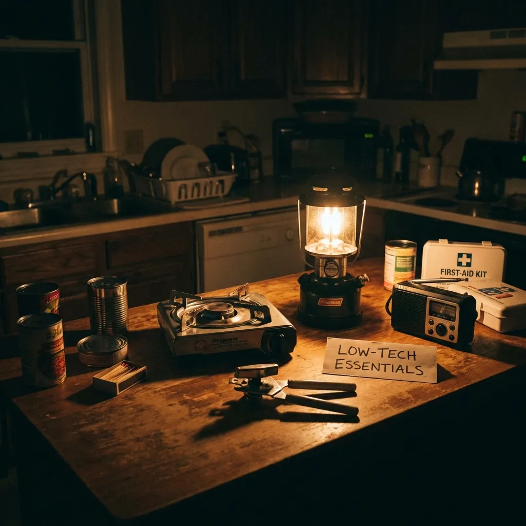 Manual can opener, camping stove, and non-electric kitchen tools.