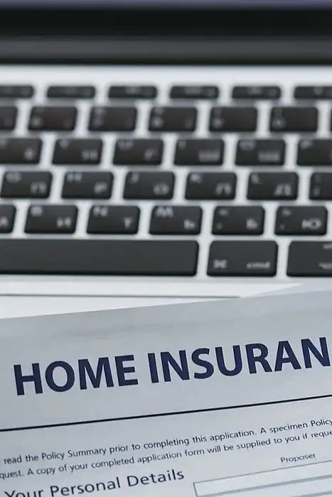 Home insurance paperwork beside a laptop and keyboard.
