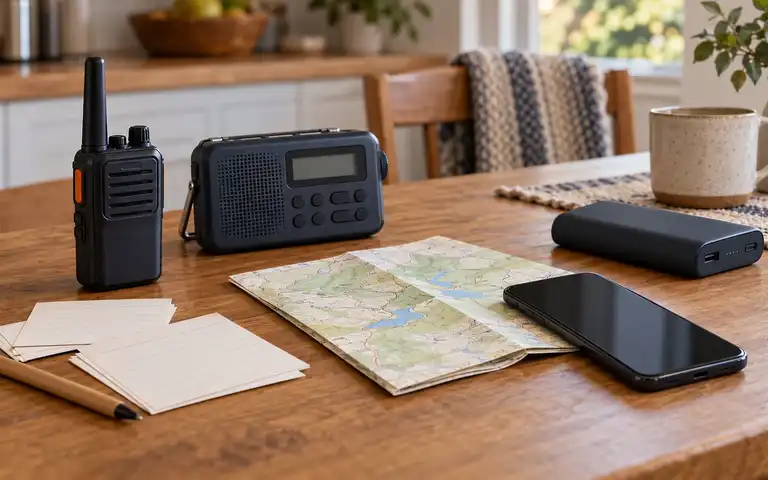 A handheld radio, portable weather radio, folded map, blank contact cards, phone, and power bank on a table.