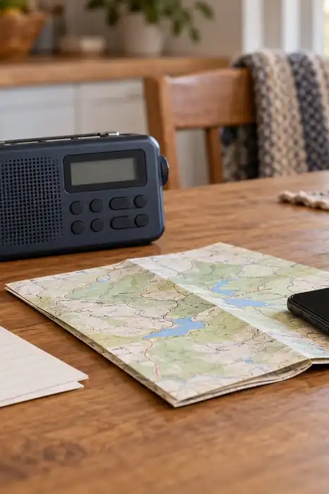 A handheld radio, portable weather radio, folded map, blank contact cards, phone, and power bank on a table.