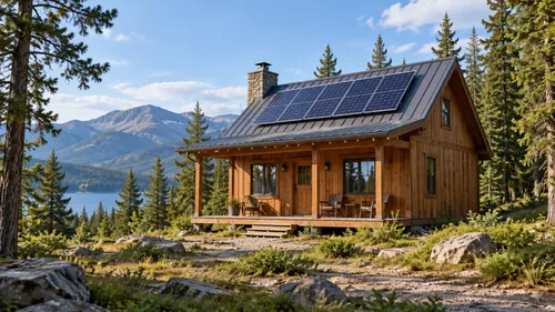 Illustration of a remote wooden cabin with rooftop solar panels in a wooded mountain clearing