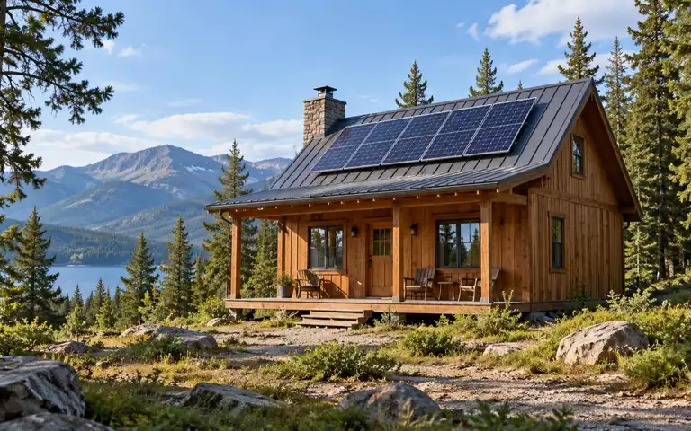 Illustration of a remote wooden cabin with rooftop solar panels in a wooded mountain clearing