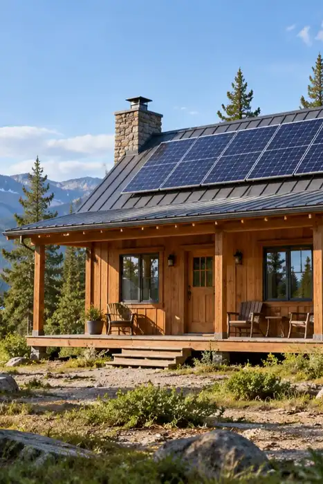 Illustration of a remote wooden cabin with rooftop solar panels in a wooded mountain clearing