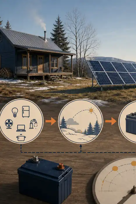 Off-grid cabin solar plan connecting an appliance load worksheet, seasonal sunlight, battery storage, and fallback power