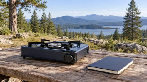An unlit portable stove and closed notebook on a table in an open outdoor campsite, away from buildings and tents