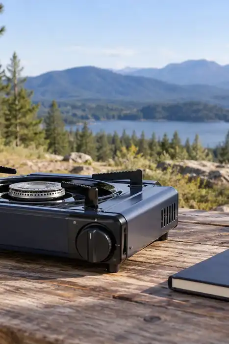 An unlit portable stove and closed notebook on a table in an open outdoor campsite, away from buildings and tents