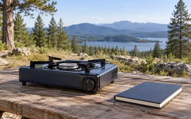 An unlit portable stove and closed notebook on a table in an open outdoor campsite, away from buildings and tents