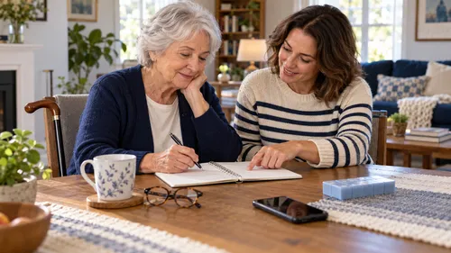 An older adult and companion reviewing a notebook beside a closed medication organizer, eyeglasses, phone, and cane.