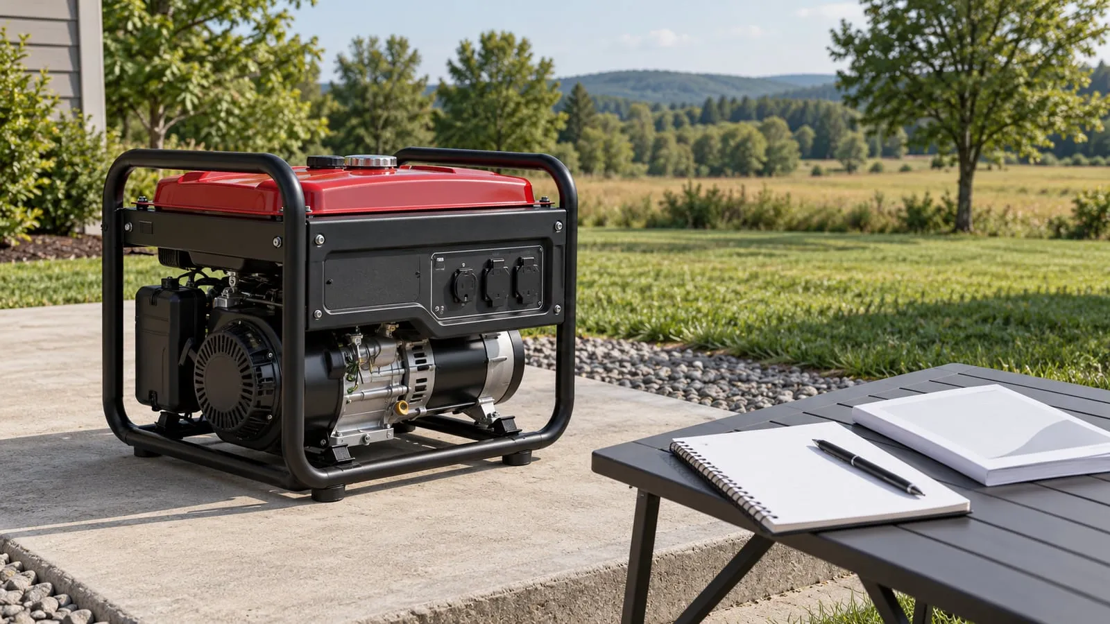 Editorial illustration of a disconnected portable generator beside a notebook and booklet outdoors.