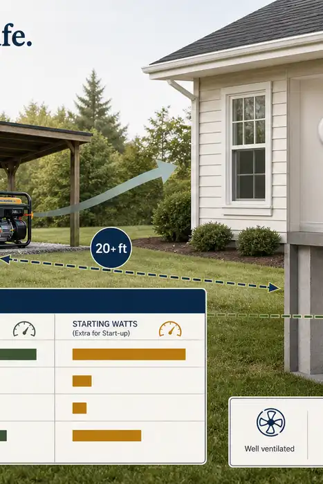 Portable generator placed outdoors away from a home, with a carbon-monoxide alarm and essential-load worksheet