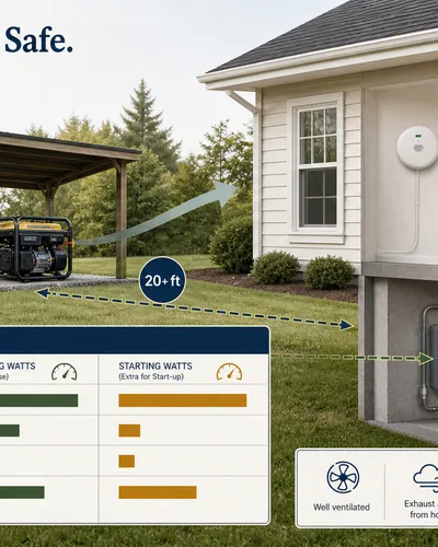 Portable generator placed outdoors away from a home, with a carbon-monoxide alarm and essential-load worksheet