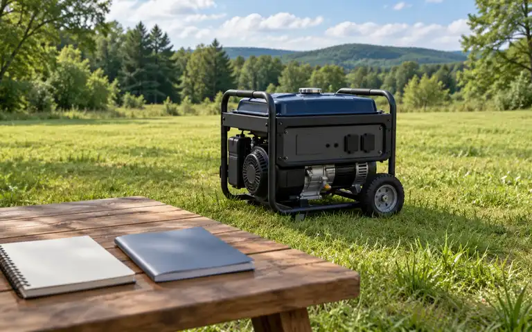 Illustration of an unplugged portable generator in an open grassy clearing beside a blank notebook and closed manual