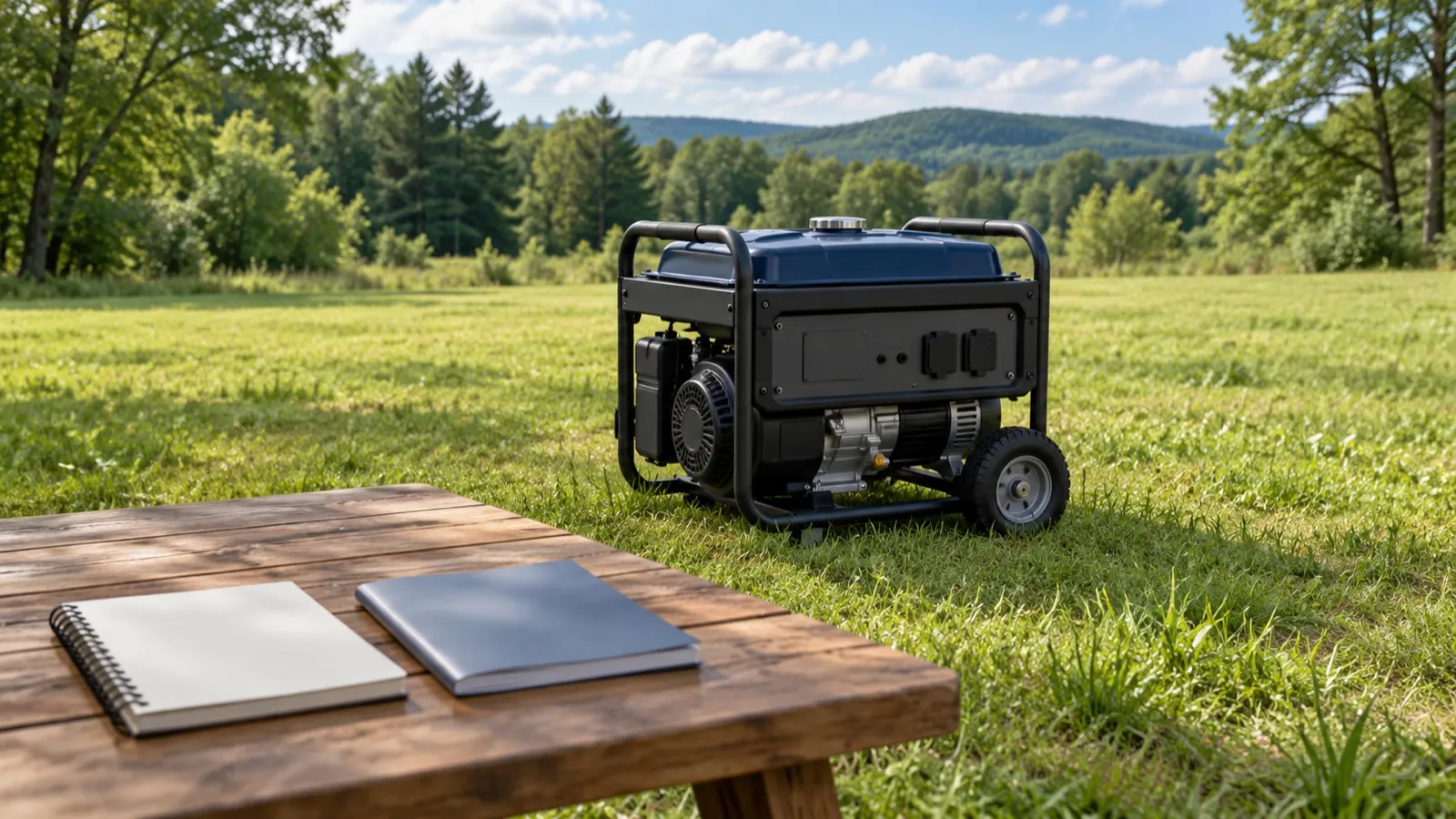 Illustration of an unplugged portable generator in an open grassy clearing beside a blank notebook and closed manual