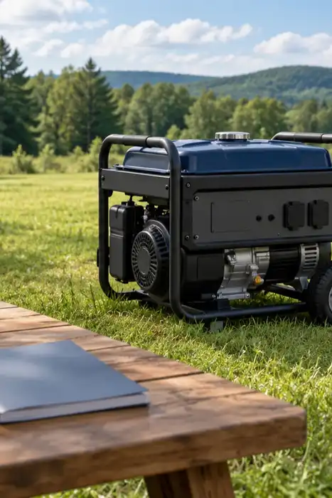 Illustration of an unplugged portable generator in an open grassy clearing beside a blank notebook and closed manual