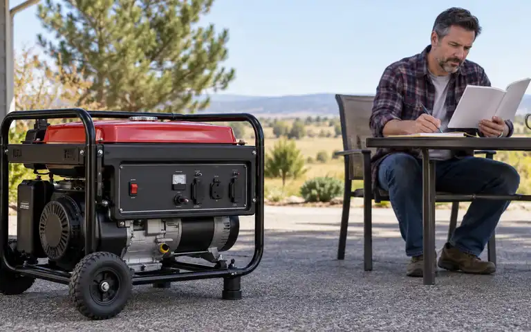 Editorial illustration of a disconnected generator and a person reading a booklet outdoors.