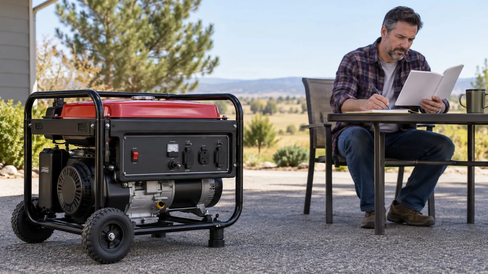 Editorial illustration of a disconnected generator and a person reading a booklet outdoors.