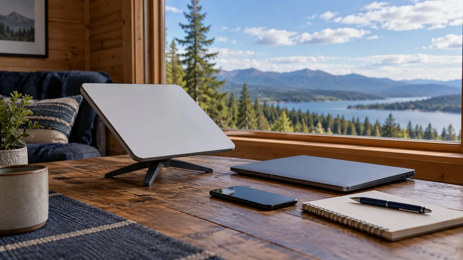 An unbranded flat satellite terminal, closed laptop, phone, and blank notebook near a cabin window.