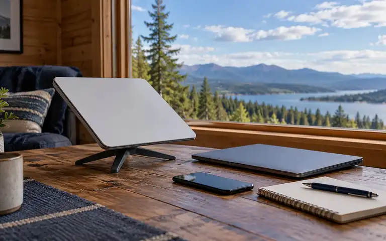 An unbranded flat satellite terminal, closed laptop, phone, and blank notebook near a cabin window.