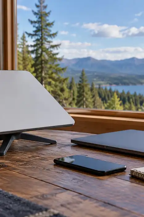 An unbranded flat satellite terminal, closed laptop, phone, and blank notebook near a cabin window.