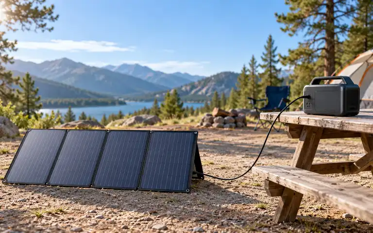 An unfolded portable solar panel beside a closed power station at a campsite.