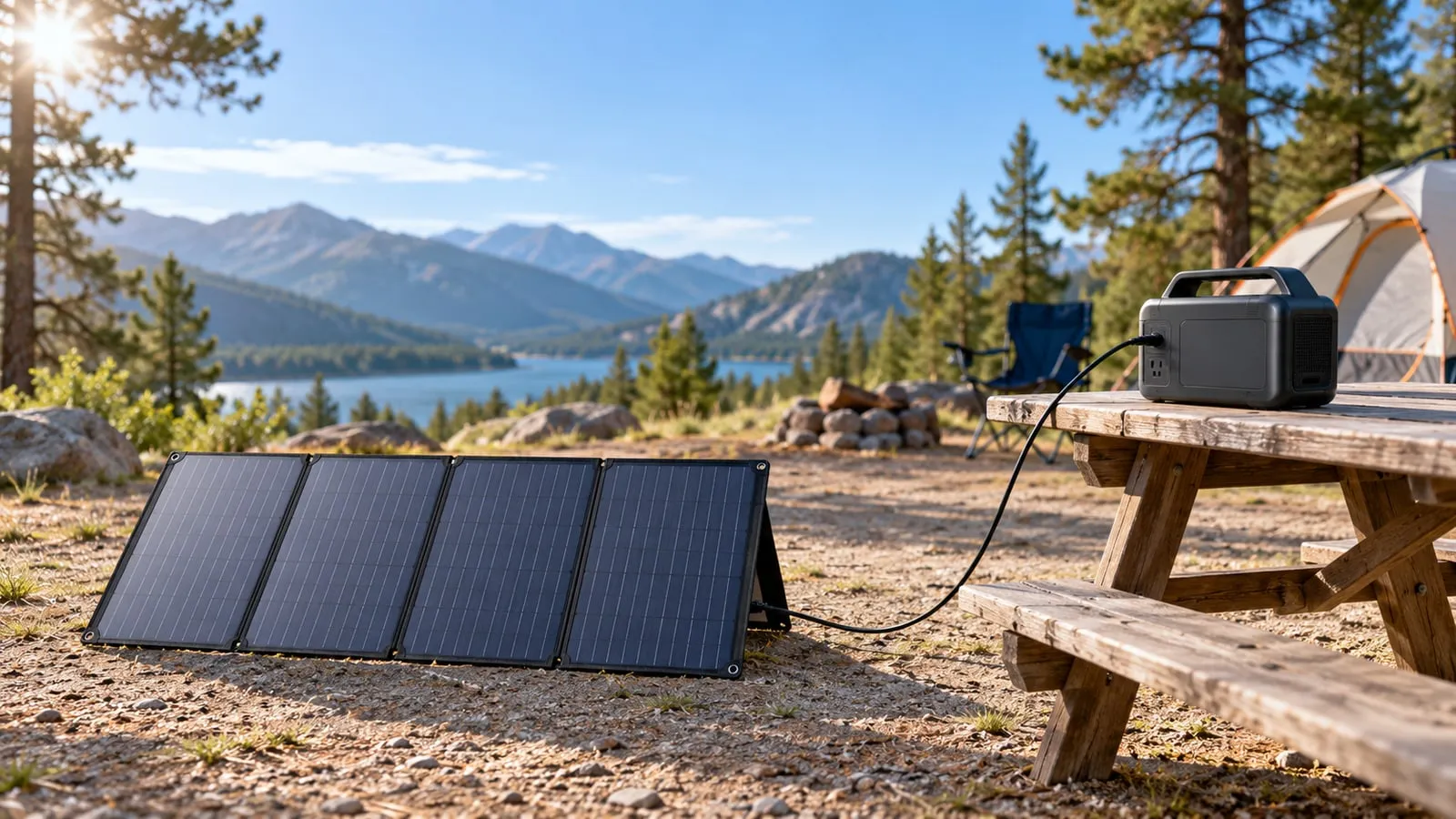 An unfolded portable solar panel beside a closed power station at a campsite.
