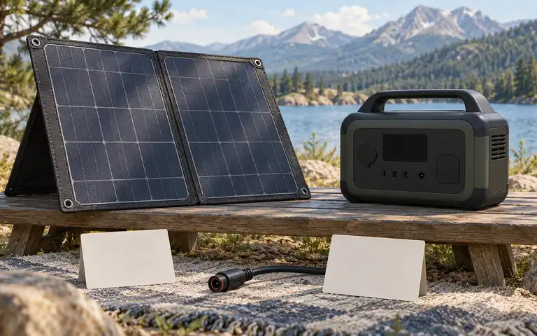 Editorial illustration of a portable solar panel, disconnected power station, connector and blank cards.