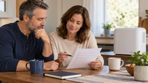 Two adults review a paper checklist beside a generic white home appliance at a kitchen table.