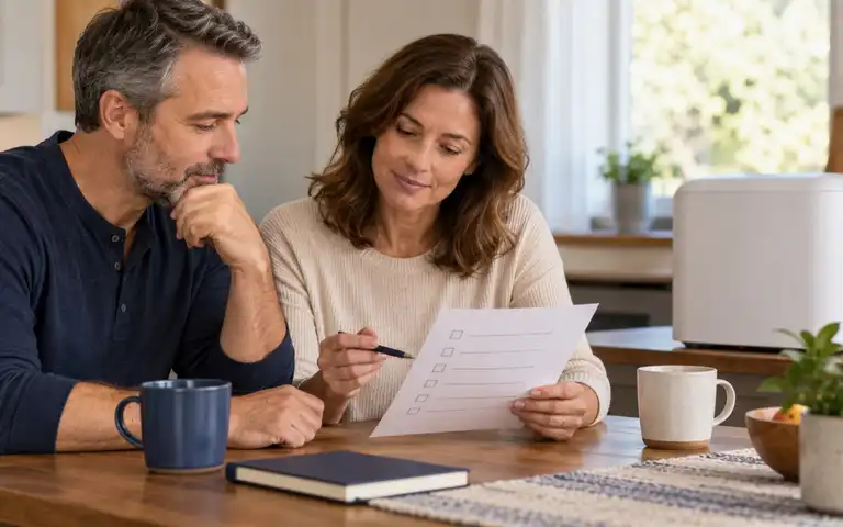 Two adults review a paper checklist beside a generic white home appliance at a kitchen table.