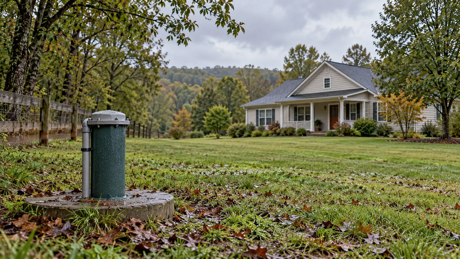 A closed, capped private-well casing beside a rural home after rain.