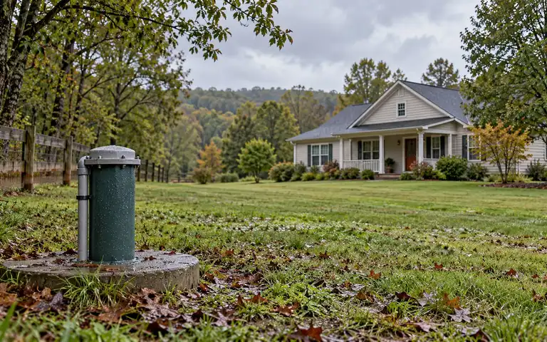 A closed, capped private-well casing beside a rural home after rain.