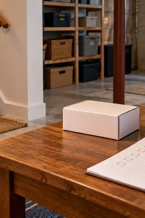 Editorial illustration: blank household checklist and calendar on a basement table