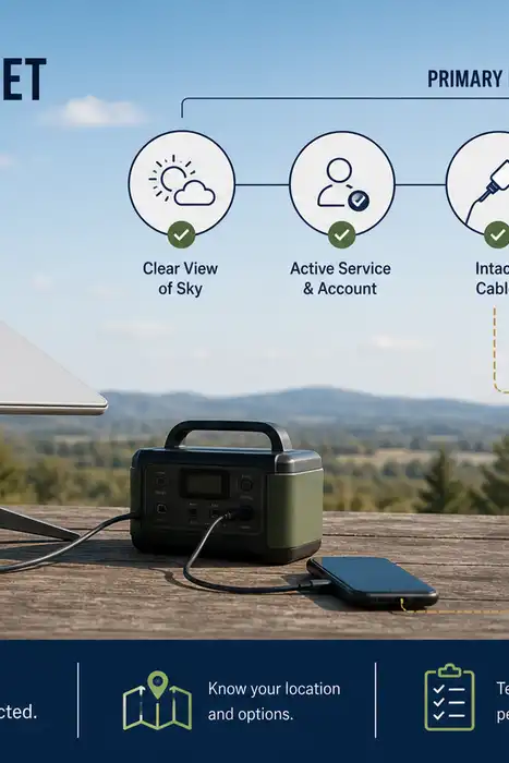 Unbranded satellite terminal with power and service dependencies plus radio, messenger, and paper-contact fallbacks