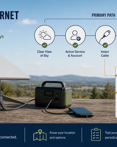 Unbranded satellite terminal with power and service dependencies plus radio, messenger, and paper-contact fallbacks