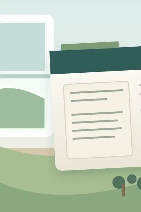 Illustration of a household system-record folder beside a simple property plan.
