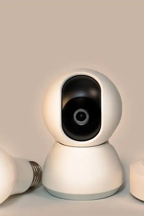 A smoke detector, camera, and two light bulbs are arranged on a plain surface.
