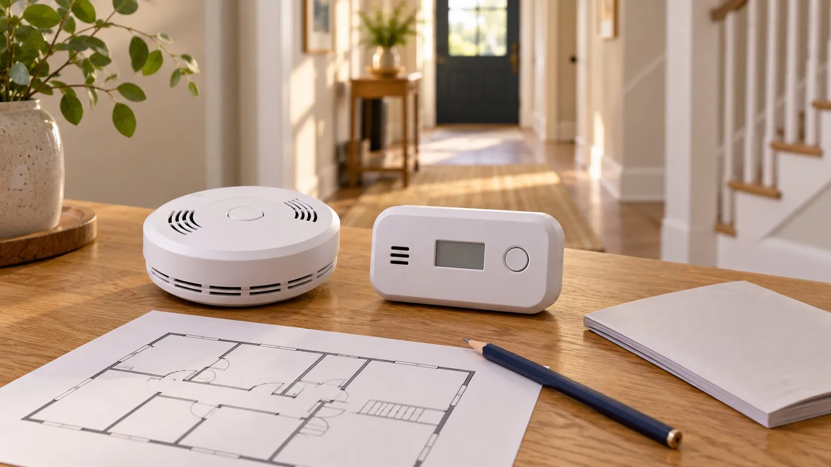 Two uninstalled white alarm devices beside a floor plan and pencil on a table.