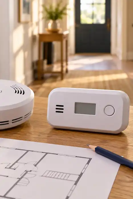 Two uninstalled white alarm devices beside a floor plan and pencil on a table.