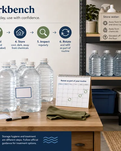 Food-grade water containers, labeling and rotation tools, protected storage, and a check-before-use decision card