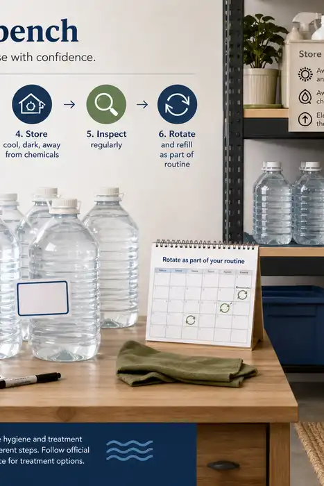 Food-grade water containers, labeling and rotation tools, protected storage, and a check-before-use decision card