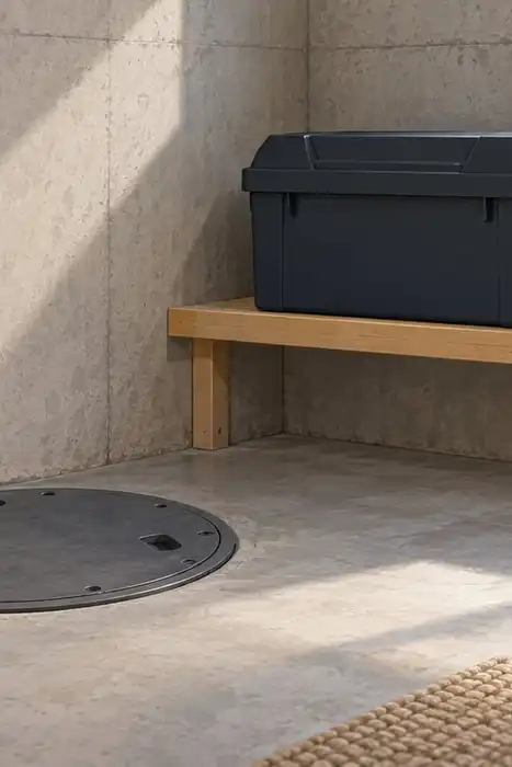 Editorial illustration of a closed sump lid, separate battery enclosure and booklet in a dry basement.