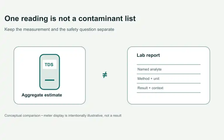Illustration comparing one aggregate TDS estimate with a laboratory report listing named analytes and results.
