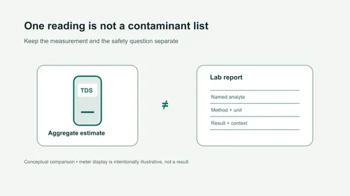 Illustration comparing one aggregate TDS estimate with a laboratory report listing named analytes and results.