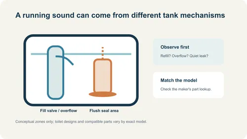 Illustration of a toilet tank with separate fill-valve and flush-seal areas labeled for observation.