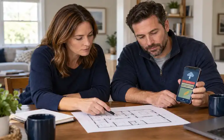 Two adults review a floor plan beside a phone showing weather graphics.