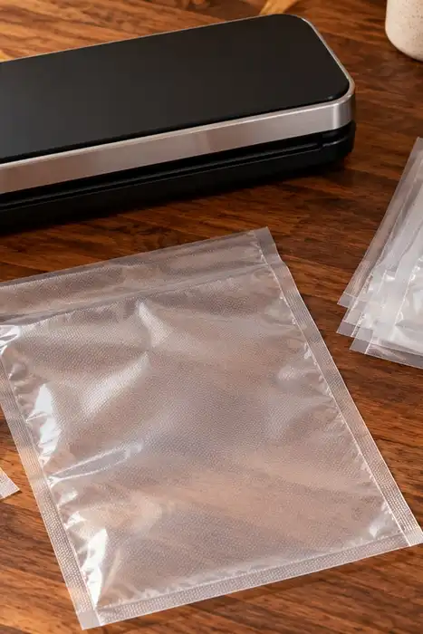 Editorial illustration of a closed home vacuum sealer, empty clear pouches, blank labels, and a pencil on a kitchen counter.