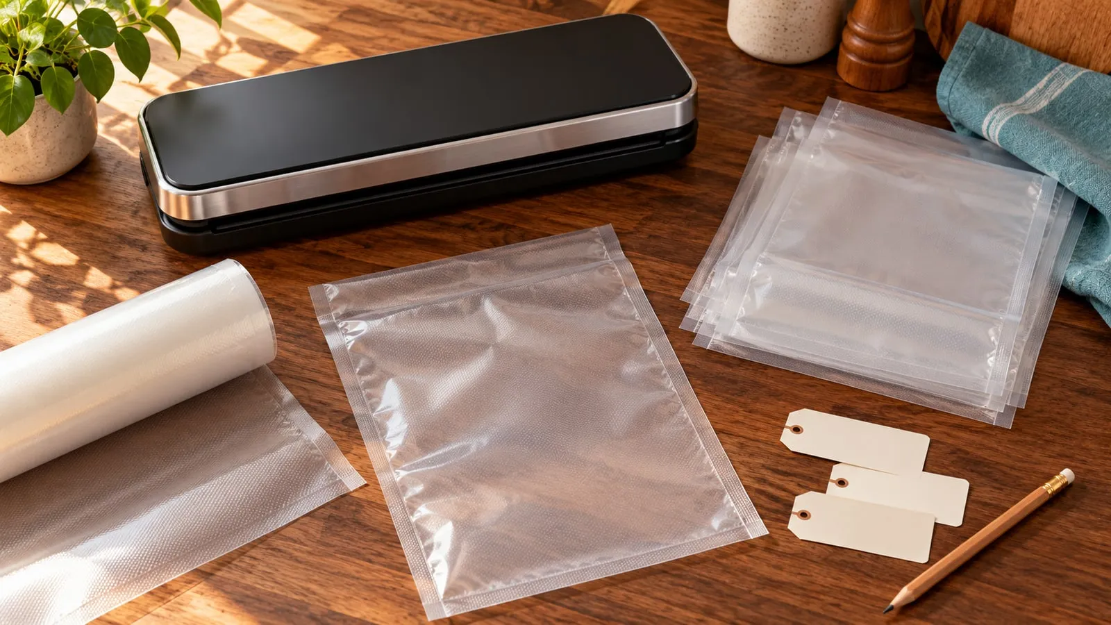 Editorial illustration of a closed home vacuum sealer, empty clear pouches, blank labels, and a pencil on a kitchen counter.