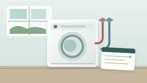 Illustration of a washer in a laundry alcove with connected inlet hoses visible as context.